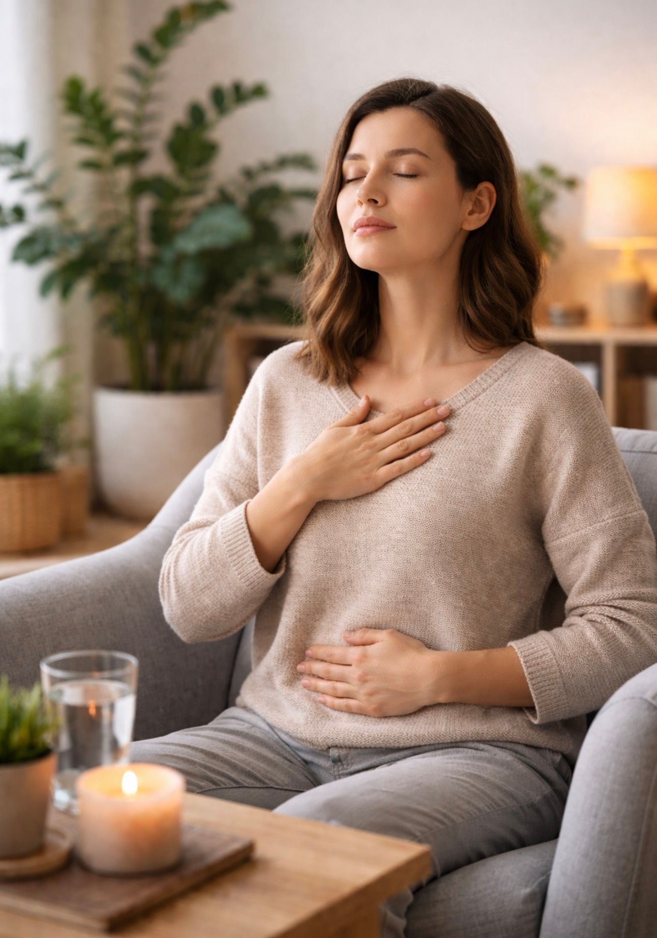 Woman meditating indoors with hands on chest and stomach, eyes closed.