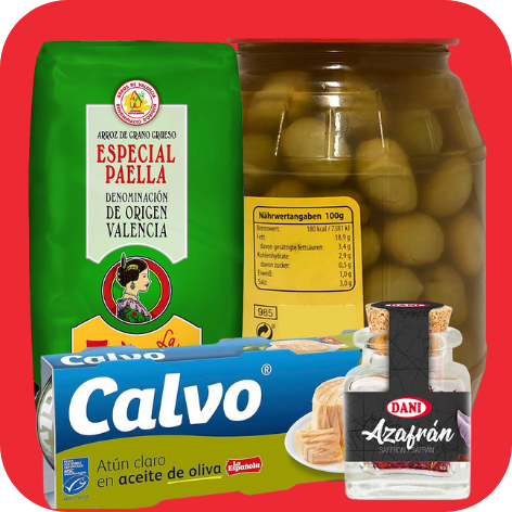 Un tarro de aceitunas, una caja de calvo y una botella de azafrán.