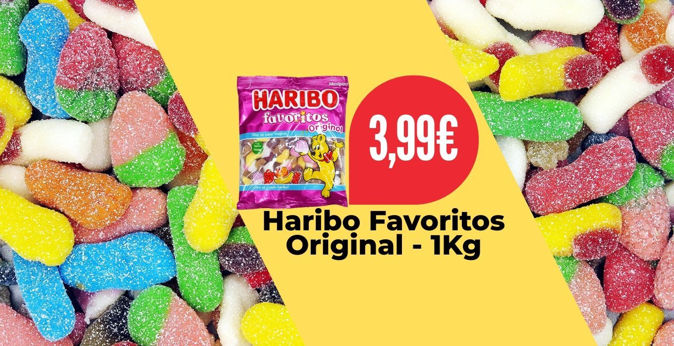 Bossa de caramels Haribo Favoritos Original d'1 kg, 3,99 €, sobre un fons de caramels gomosos de colors