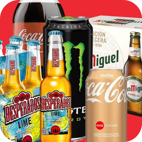 Una variedad de bebidas que incluyen Coca Cola y Desperados.
