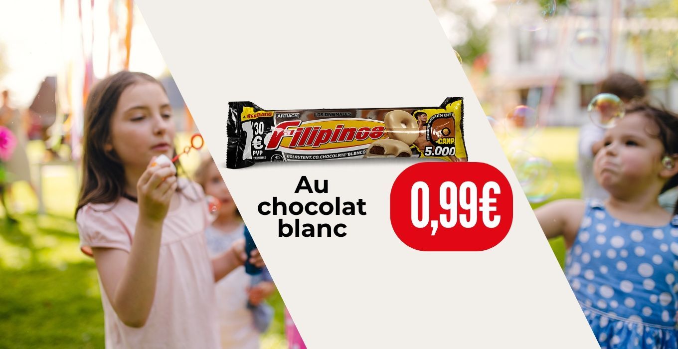 Anuncio de una barra de chocolate con etiqueta de chocolate blanco y precio, al aire libre con dos niños al fondo.