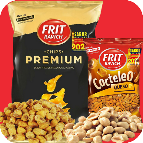 Dos bolsas de patatas fritas premium Frit Ravich y cacahuetes con queso cocteleo