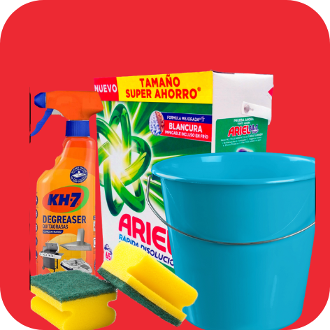 Una botella de desengrasante KH7 junto a una caja de Ariel.