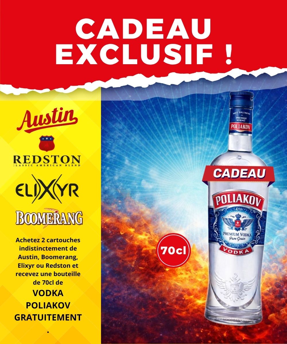 Affiche promotionnelle pour un cadeau de vodka : bouteille Polakov sur fond bleu-rouge flamboyant, « CADEAU EXCLUSIF ! » et 70 cl.