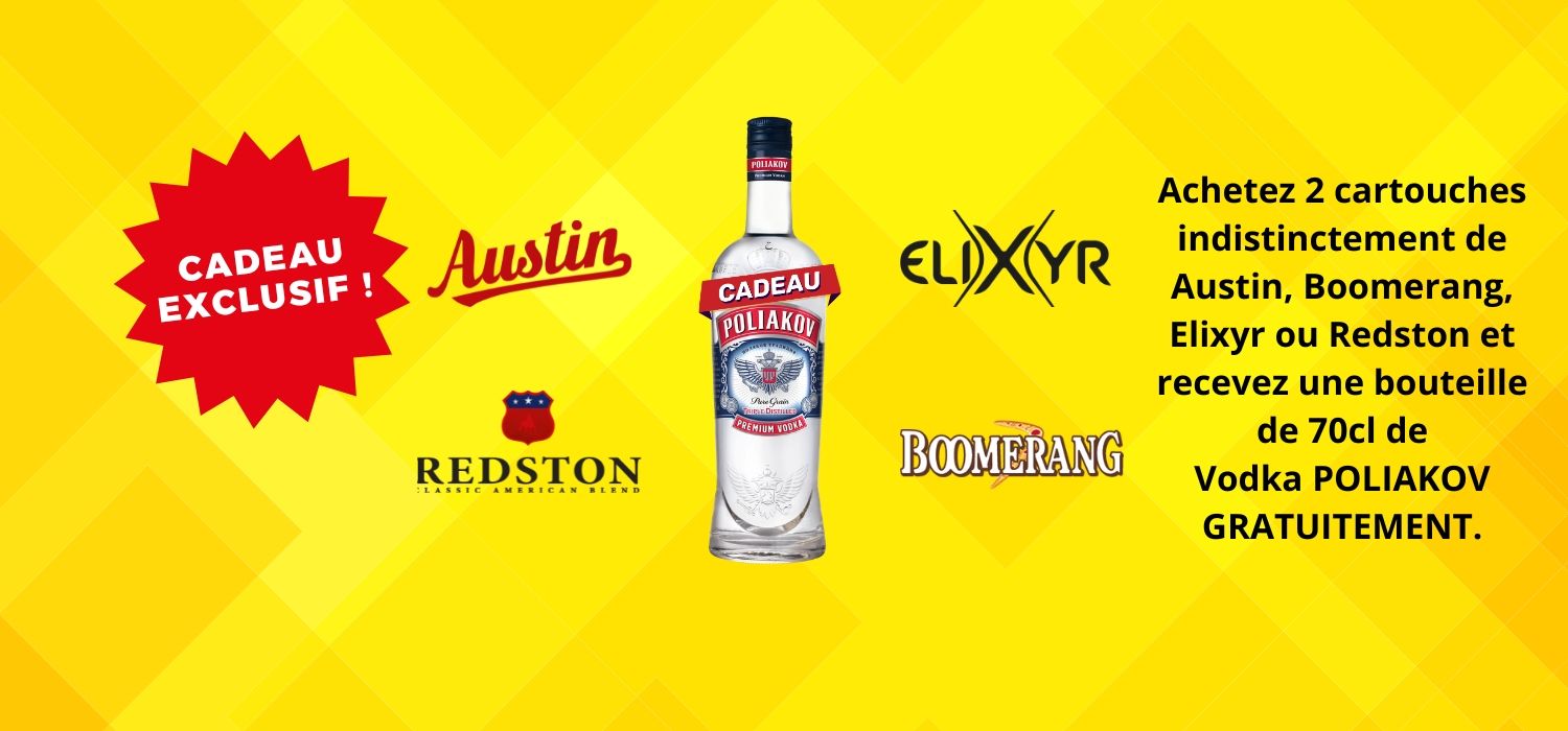 Bannière promotionnelle jaune pour les vodkas Austin, Boomerang, Elixir et Redstone : pour 2 achetées, une bouteille de vodka Polekhov offerte.