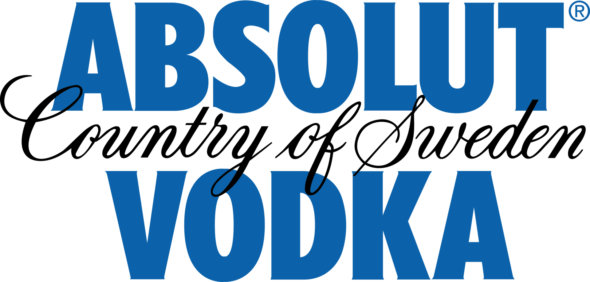 Un logotipo azul y blanco para el vodka Absolut Country of Sweden.