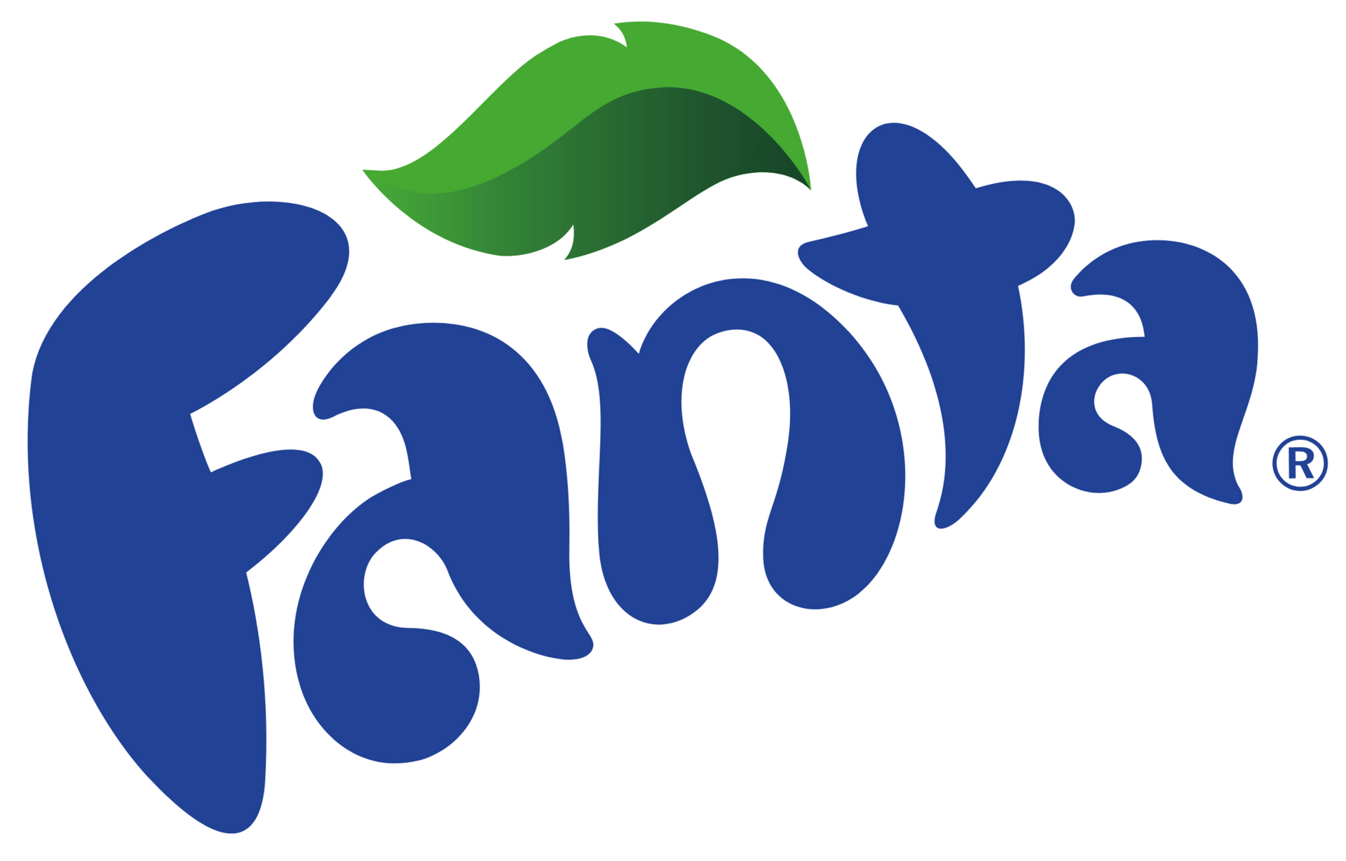 Un logo de Fanta azul con una hoja verde encima.