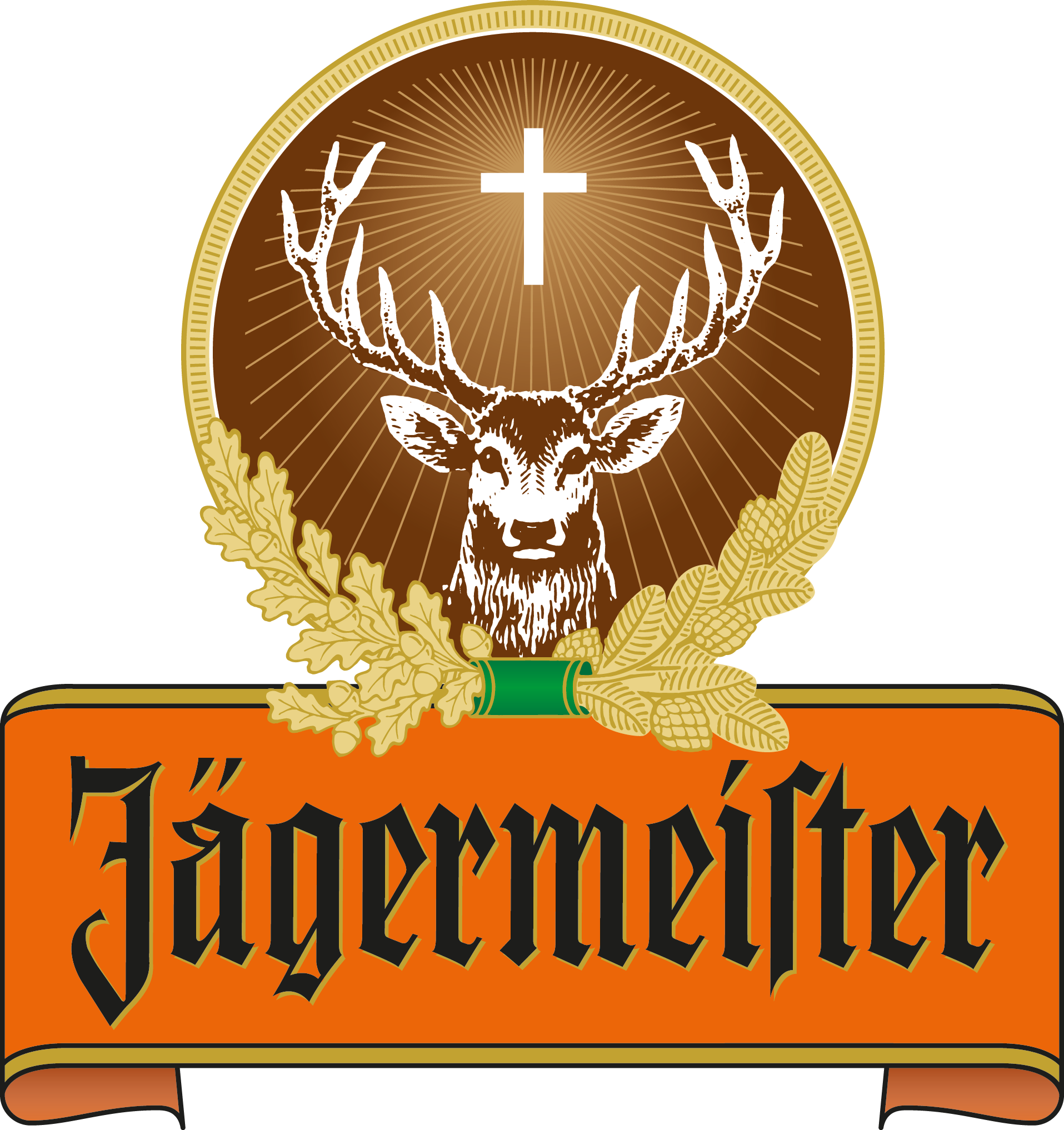 Un logotipo para Jägermeifter con un ciervo y una cruz.
