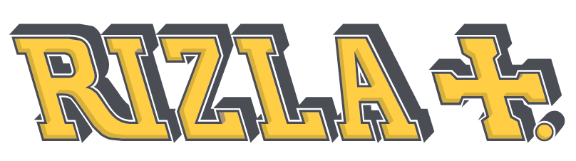 La palabra rizla está escrita en letras amarillas sobre un fondo blanco.