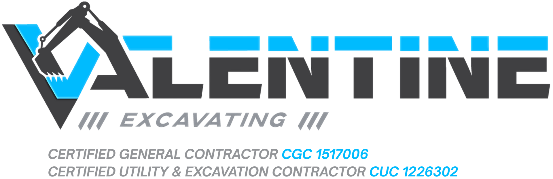 Orange excavator logo for Valentine Excavating, black text below.