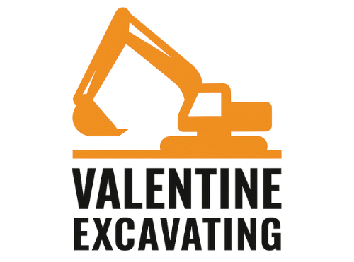 Orange excavator logo for Valentine Excavating, black text below.