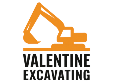 Orange excavator logo for Valentine Excavating, black text below.