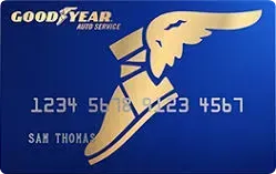 Blue Good Year Auto Service card with a gold winged logo and embossed numbers, Sam Thomas name at bottom