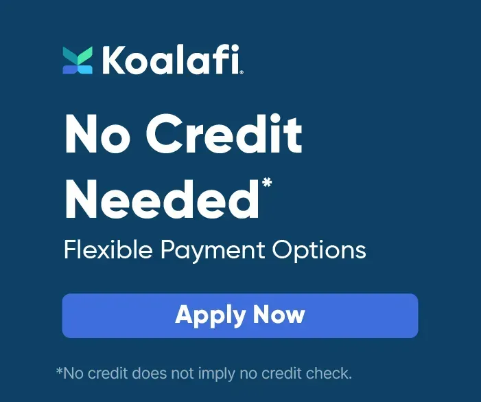 Koalafi ad with “No Credit Needed,” flexible payment options, and an Apply Now button on blue background