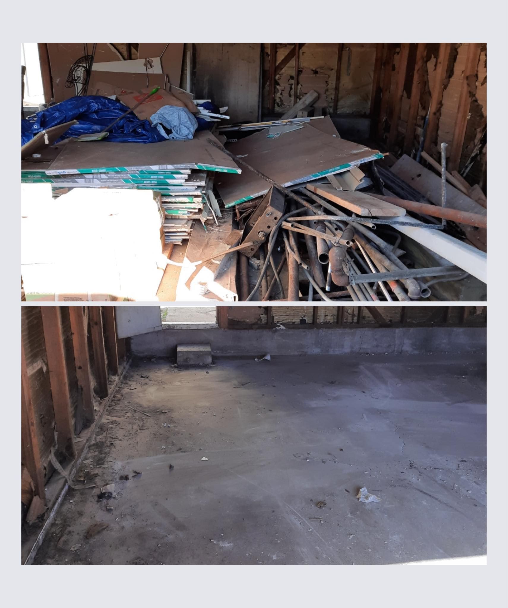 Top: Cluttered storage area with wood and debris. Bottom: Cleaned-out storage area, showing a bare concrete floor.
