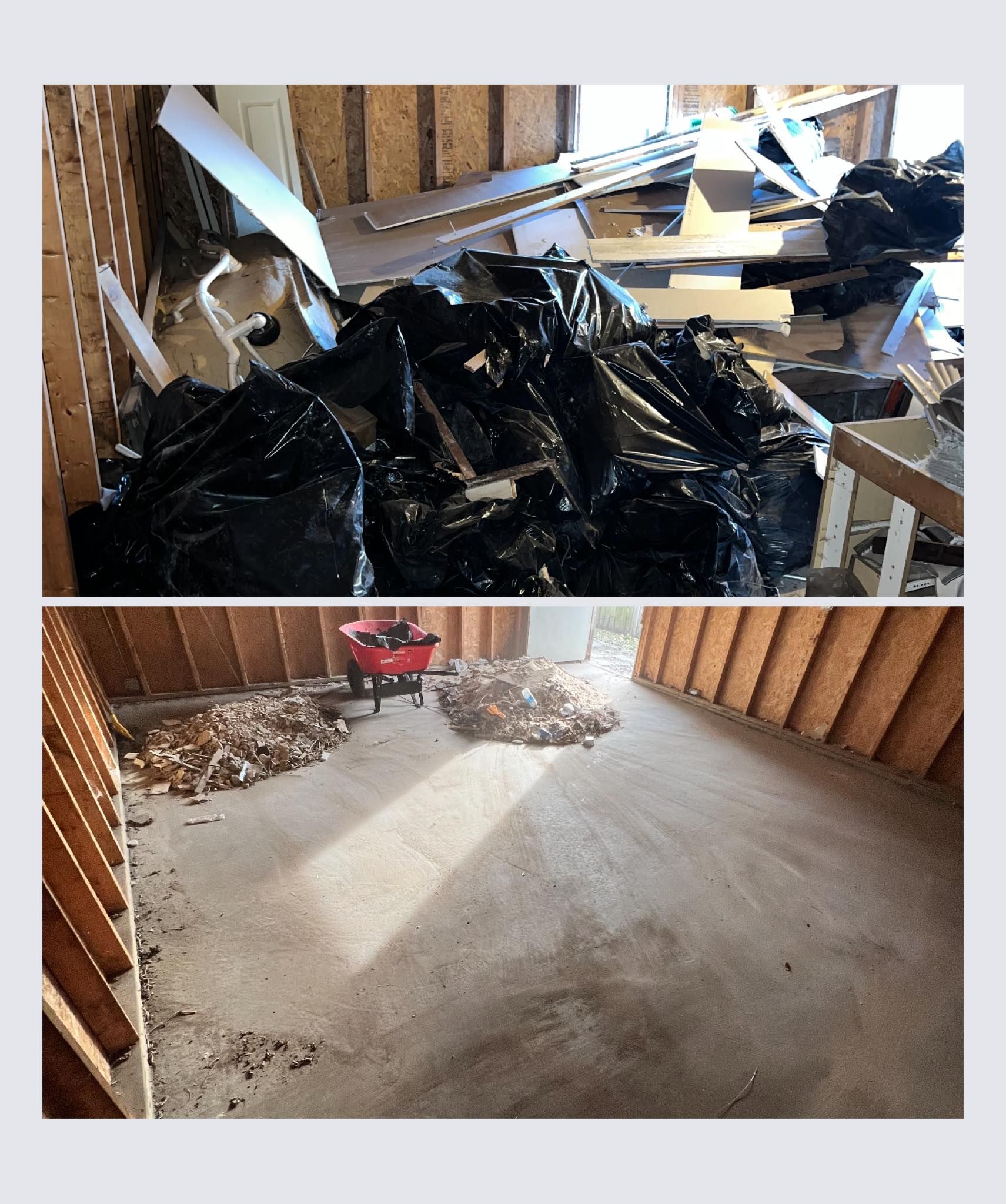 Top: Pile of debris and black garbage bags inside a room with exposed wall studs. Bottom: Clean concrete floor of the same room after cleanup.