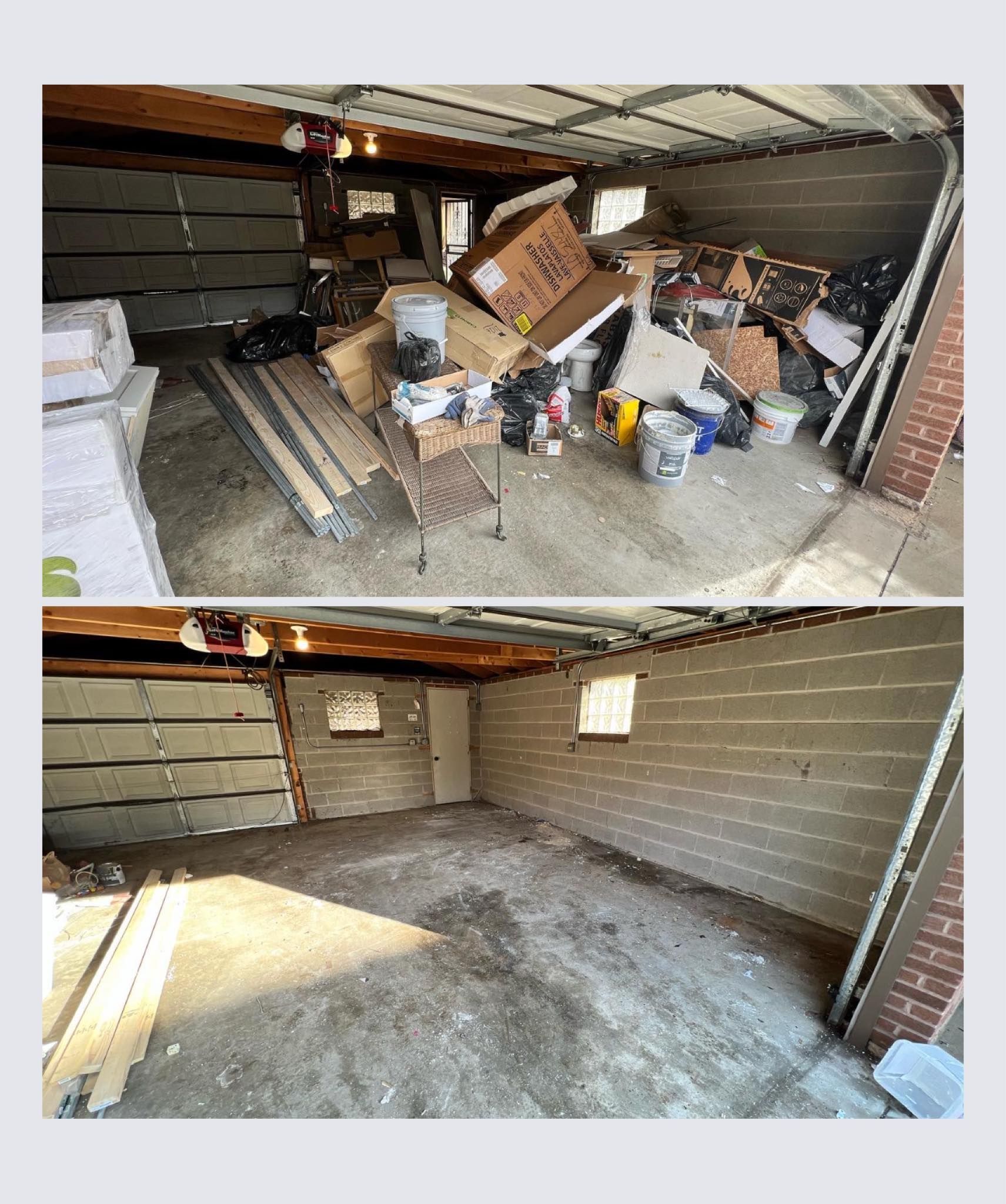 Before and after photos of a cluttered garage that has been cleaned and organized. The 