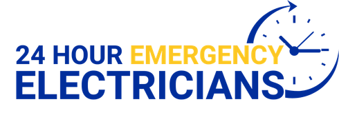 A logo for 24 hour emergency electricians with a clock on it | electrical companies