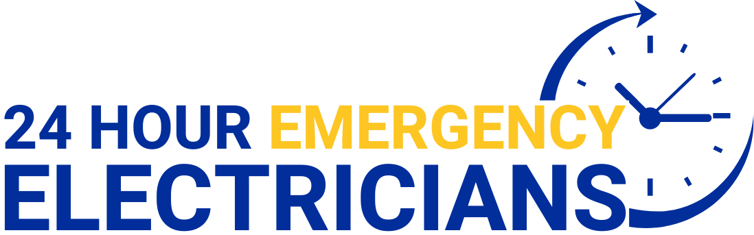 A logo for 24 hour emergency electricians with a clock | local electrician near me