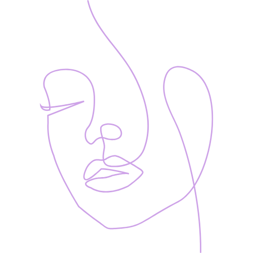 A purple line drawing of a woman's face 