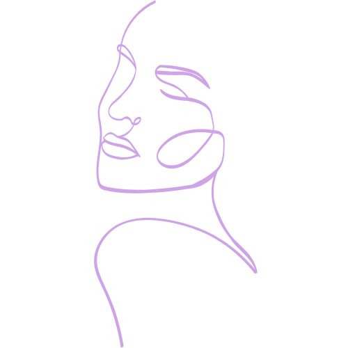 A purple line drawing of a woman's face