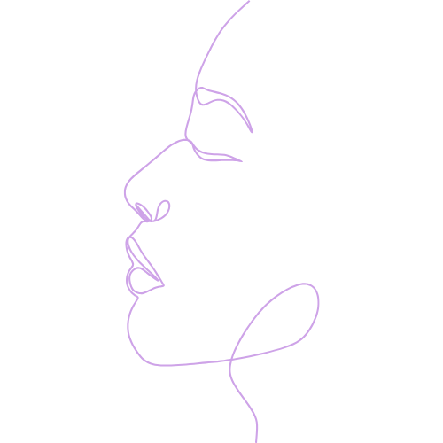 A purple line drawing of the side of a woman's face