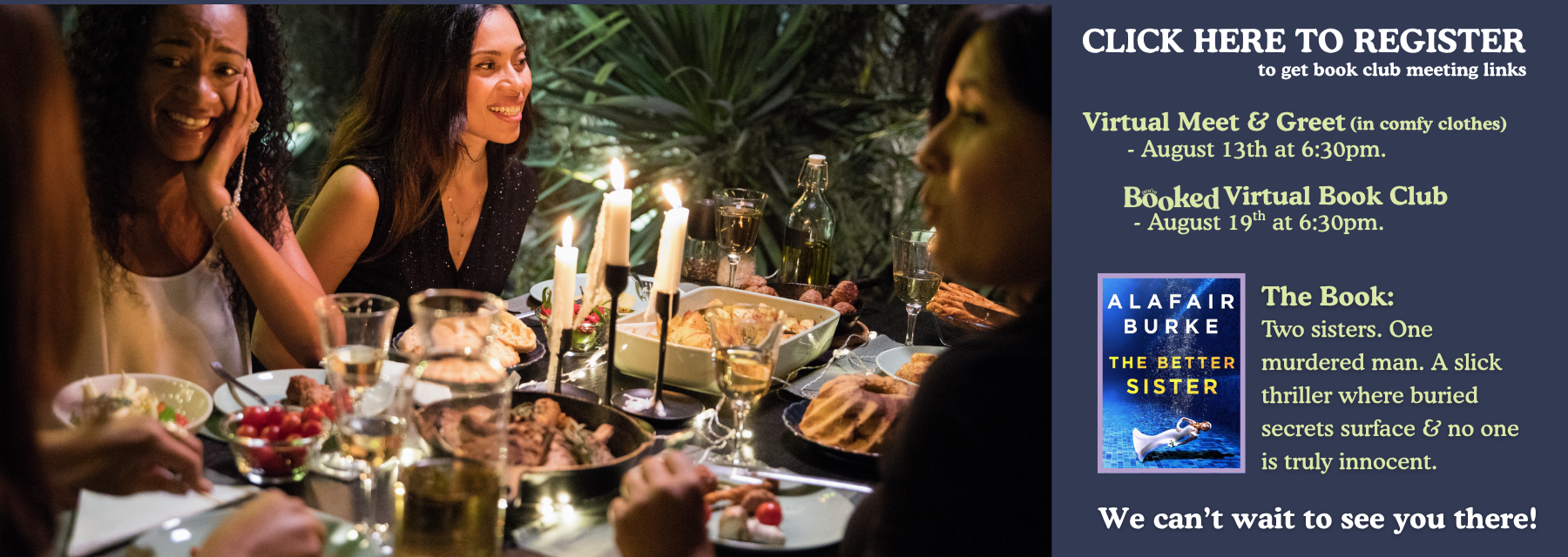 Women at a candlelit dinner, promoting a virtual book club.
