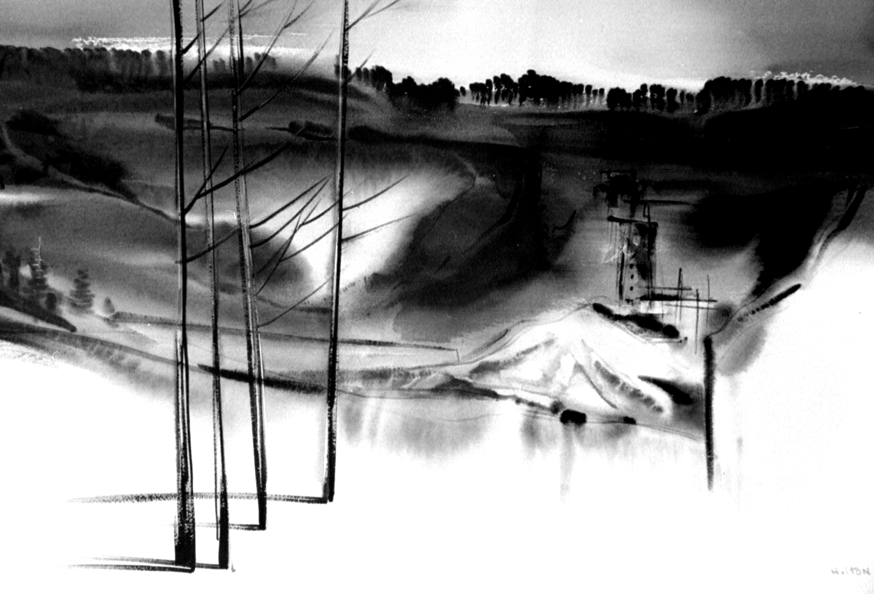 Black and white watercolor landscape. Bare trees in the foreground, rolling hills, dark sky.