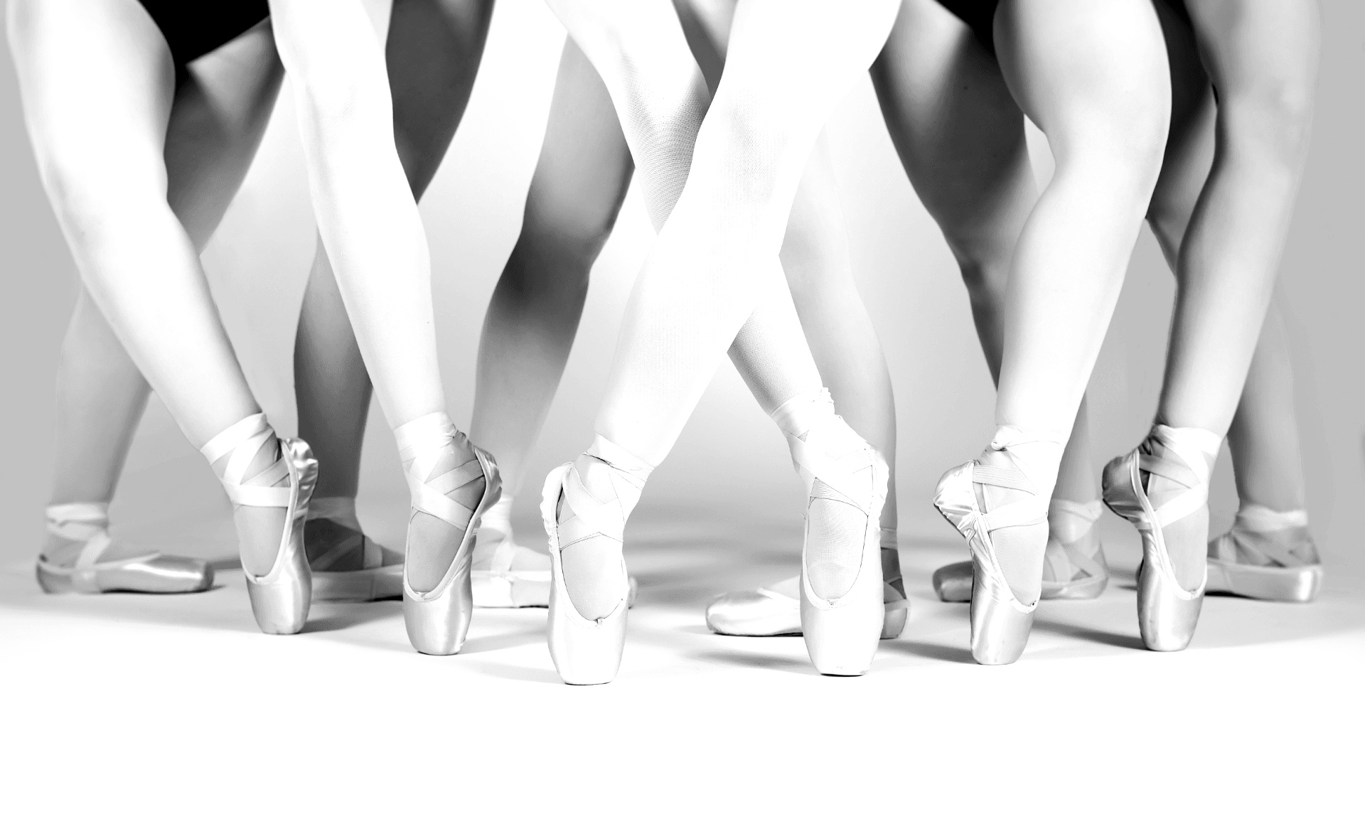 Ballet dancers' legs in pointe shoes, crossed in a pattern, in grayscale against a light background.