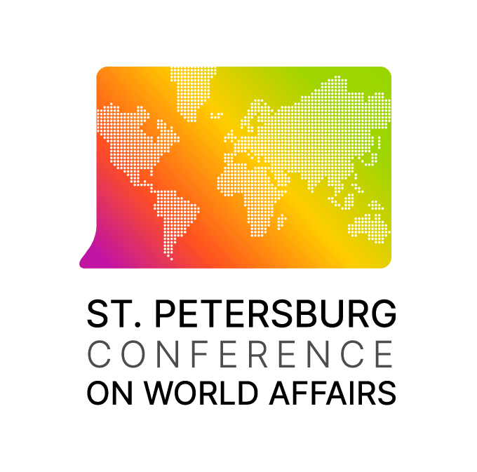 Logo for the St. Petersburg Conference on World Affairs, featuring a pixelated world map in a speech bubble with a rainbow gradient.