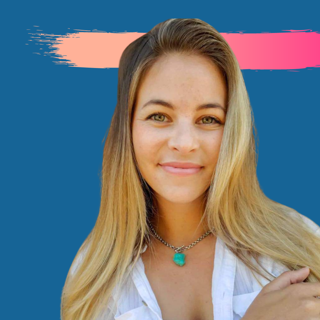 Woman with long blonde hair, smiling, wearing a white shirt and turquoise necklace, set against a blue background with pink and orange strokes.