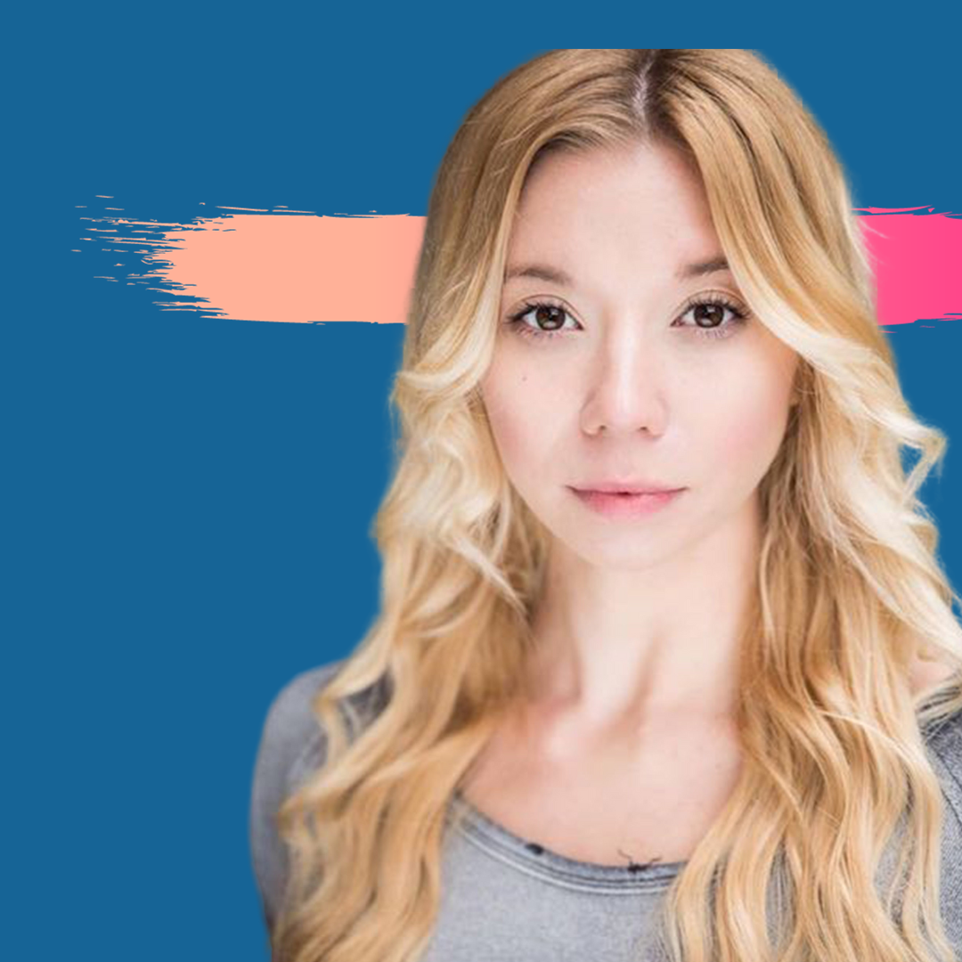 Blonde woman with long wavy hair; blue background with peach and pink brushstrokes.