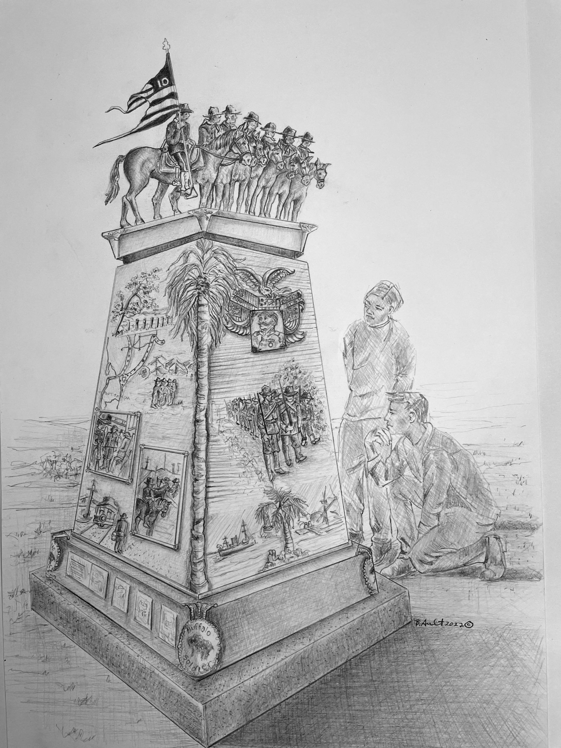 Monument with soldiers atop a pillar, person seated nearby.