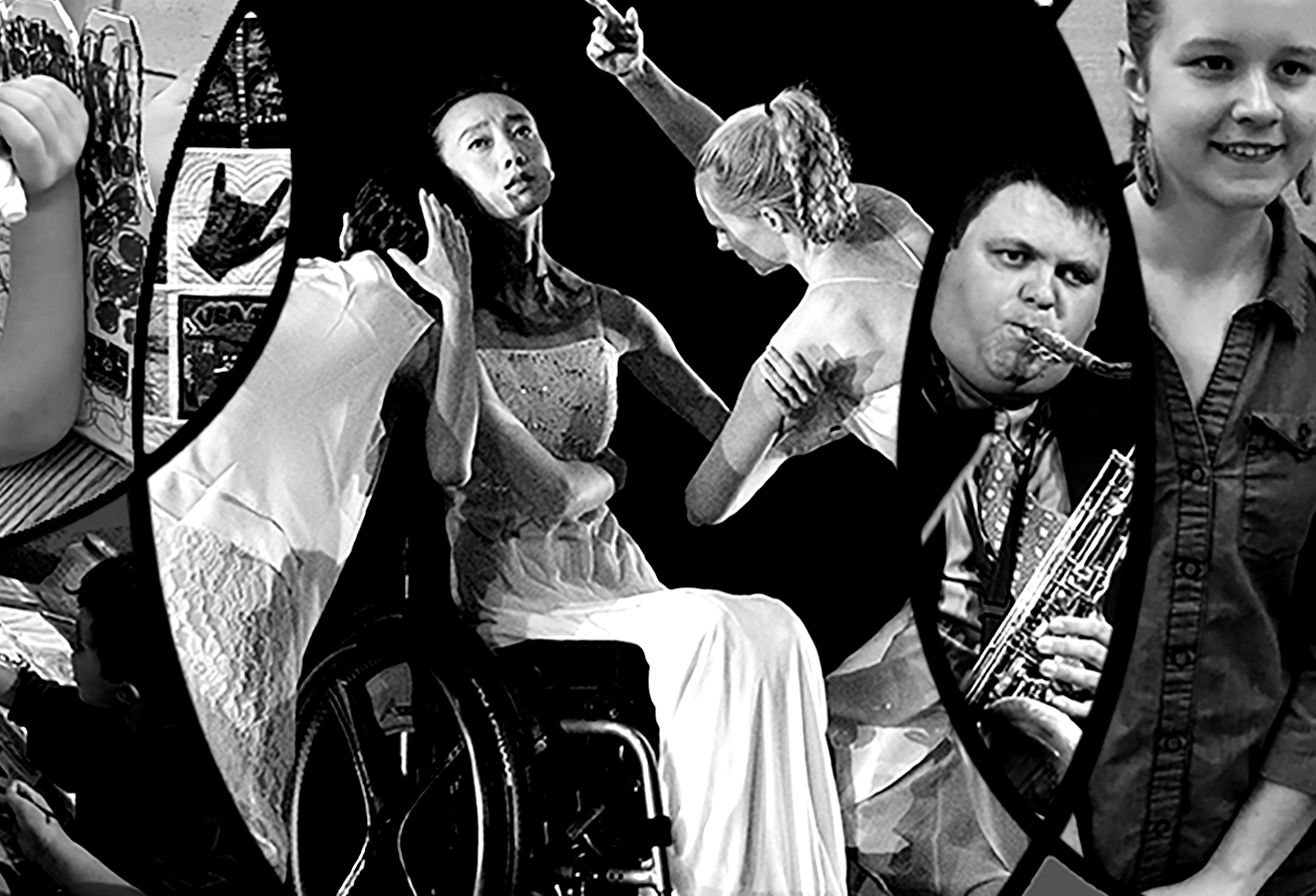 Black and white collage: Dancer in wheelchair, performers, musician, and artwork.