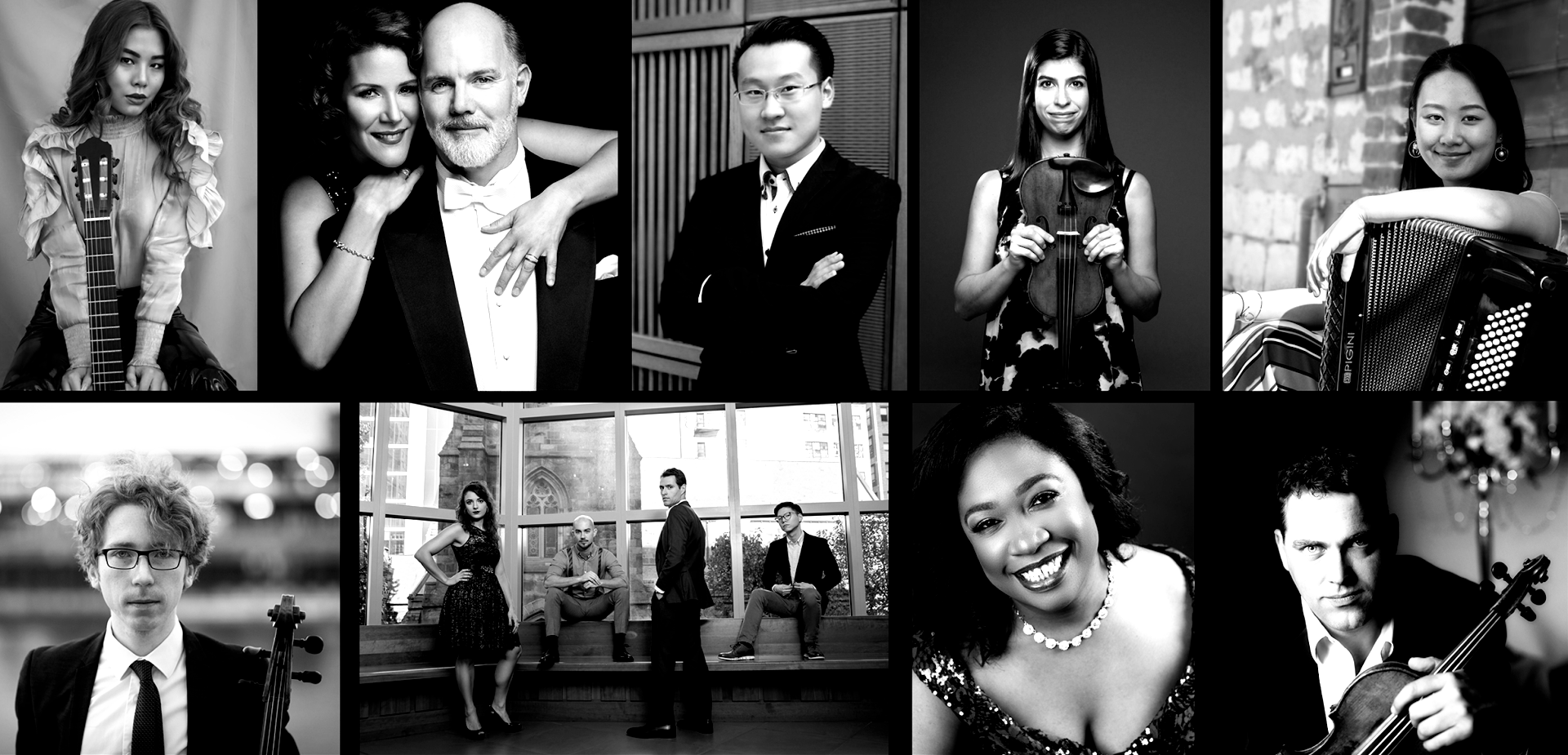 Black and white portraits of various musicians.