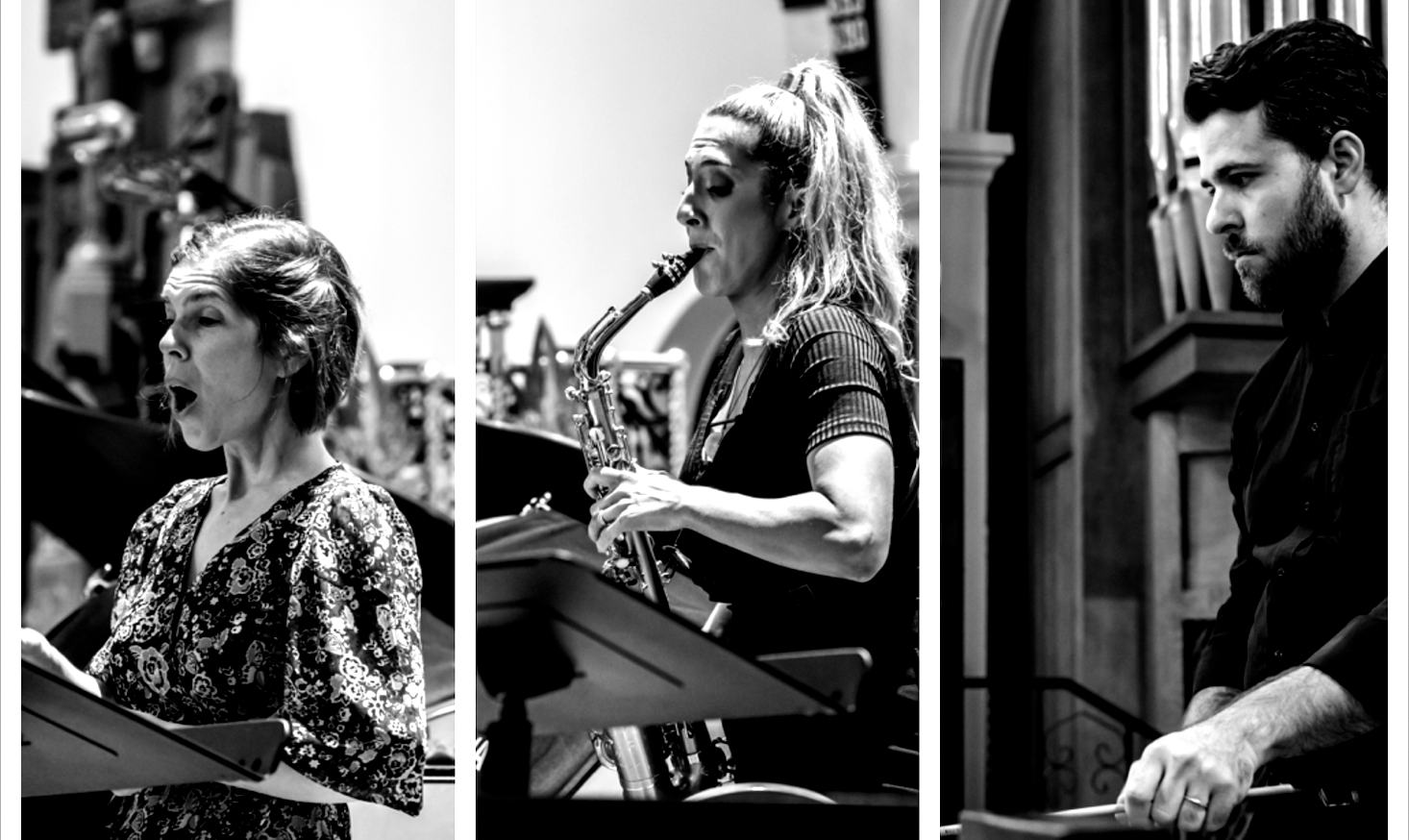 Three musicians performing indoors: a woman singing, a woman playing saxophone, and a man playing percussion.