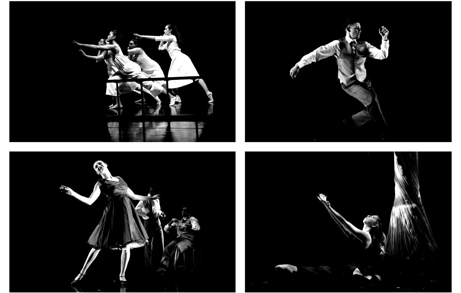 Dancers in dramatic ballet poses on a dark stage; various scenes with lighting and movement.