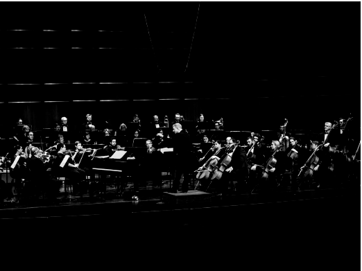An orchestra performing on stage in a dark concert hall, musicians are visible with instruments.