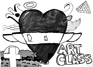 Black and white drawing of a heart with angel wings, halo, and arrow, with text 