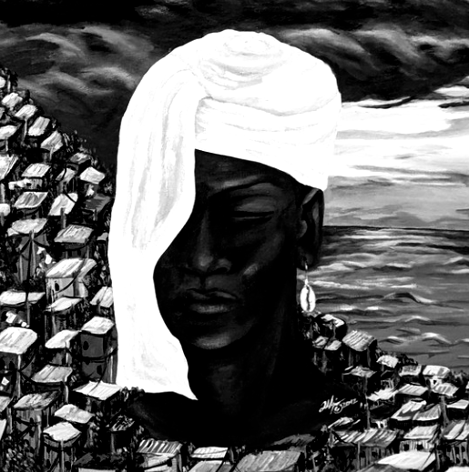 Black and white illustration of a person with a white turban overlooking a village and sea.