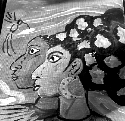 Black and white painting of two women in profile, with large earrings, and a hummingbird.