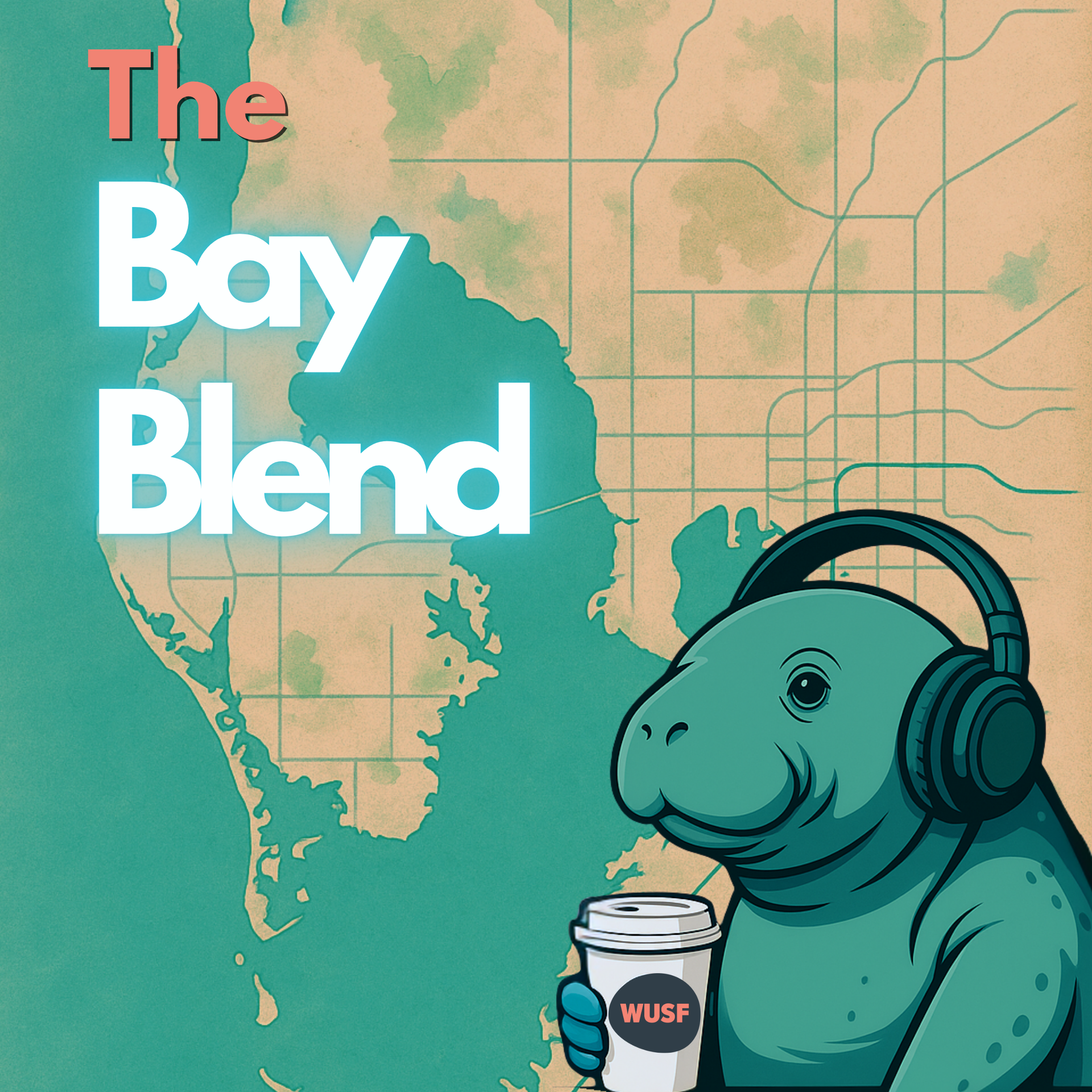A manatee with headphones holds a coffee cup.  The background shows a map of Florida, the show is called 