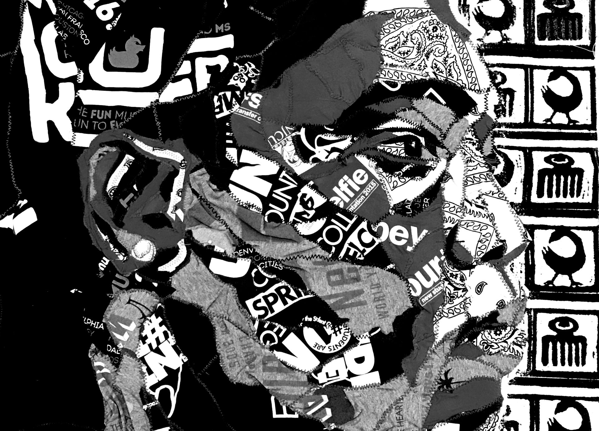 Collage portrait of a person's face made from black and white patterned fabric and logos.