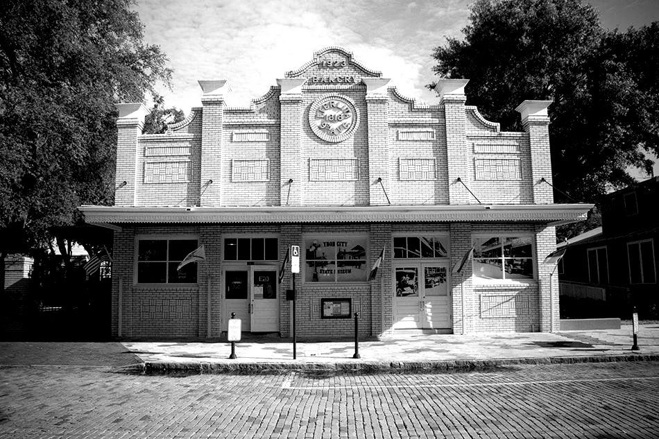 Black and white photo of a historic building with 