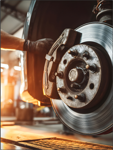 Close-up of a car brake rotor and caliper during repair, with a mechanic’s gloved hand nearby | Autotrendz