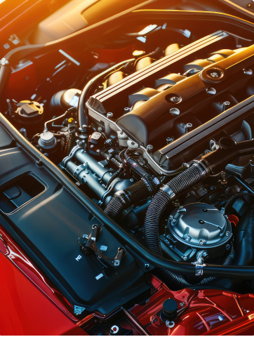 Close-up of a polished car engine with chrome components and black hoses in a red engine bay | Autotrendz