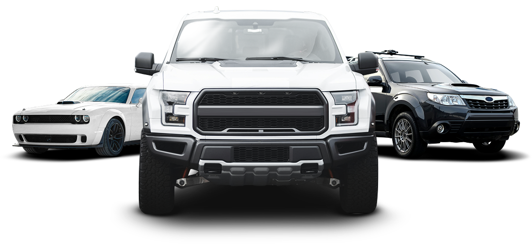 Three pickup trucks on white background, centered on a black truck with two white trucks behind it | Autotrendz