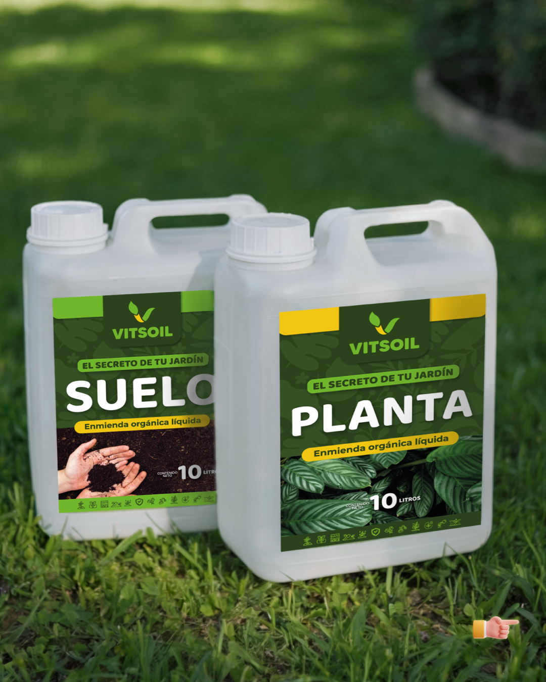 Dos frascos de plástico de fertilizante Vitssoil sobre césped. Uno con la etiqueta "Suelo" y el otro "Planta".