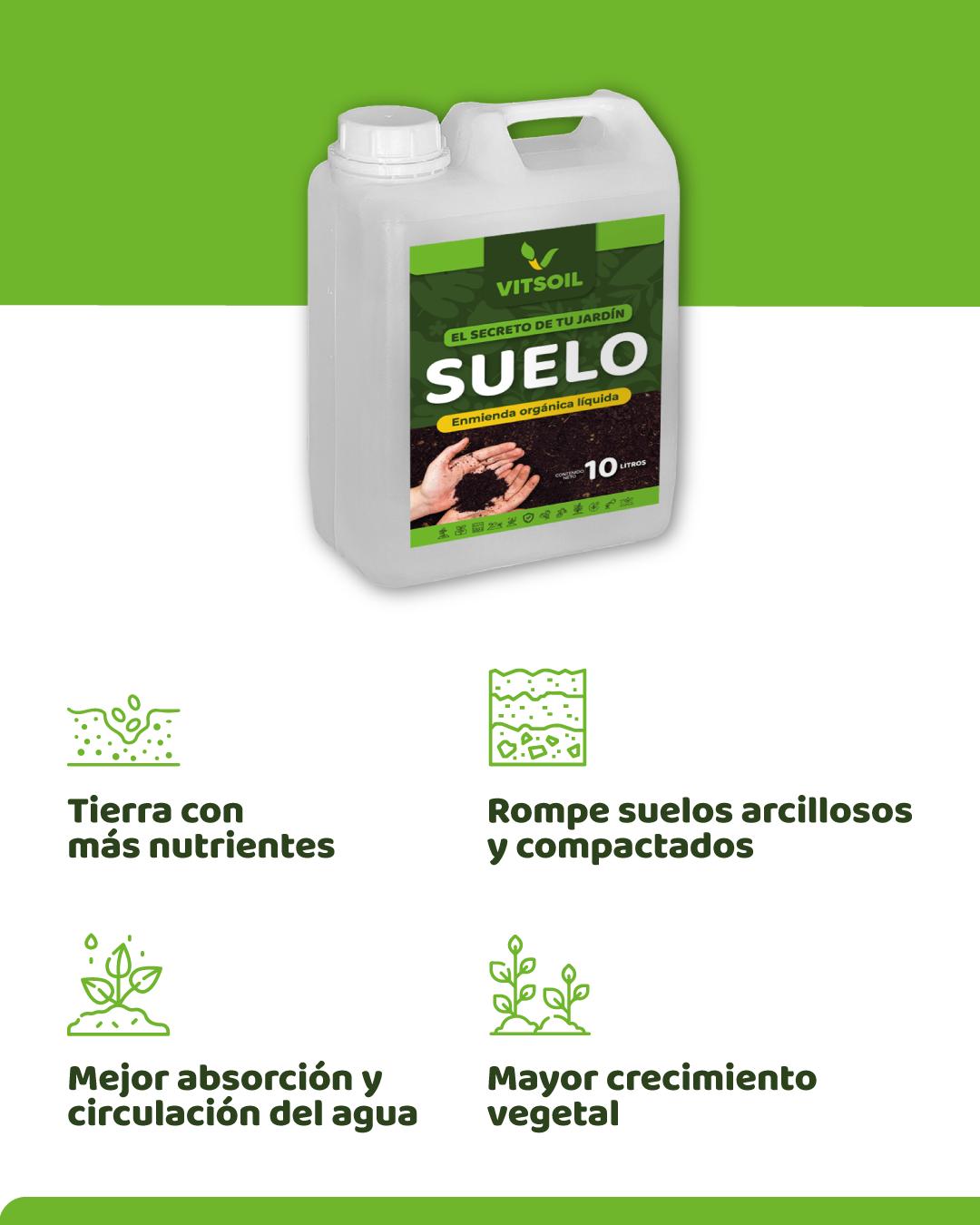 Un contenedor de tratamiento de suelo “SUELO”, con beneficios como más nutrientes y mejor crecimiento de las plantas.