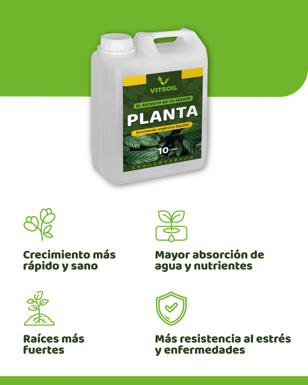 Contenedor verde y blanco etiquetado "PLANTA"